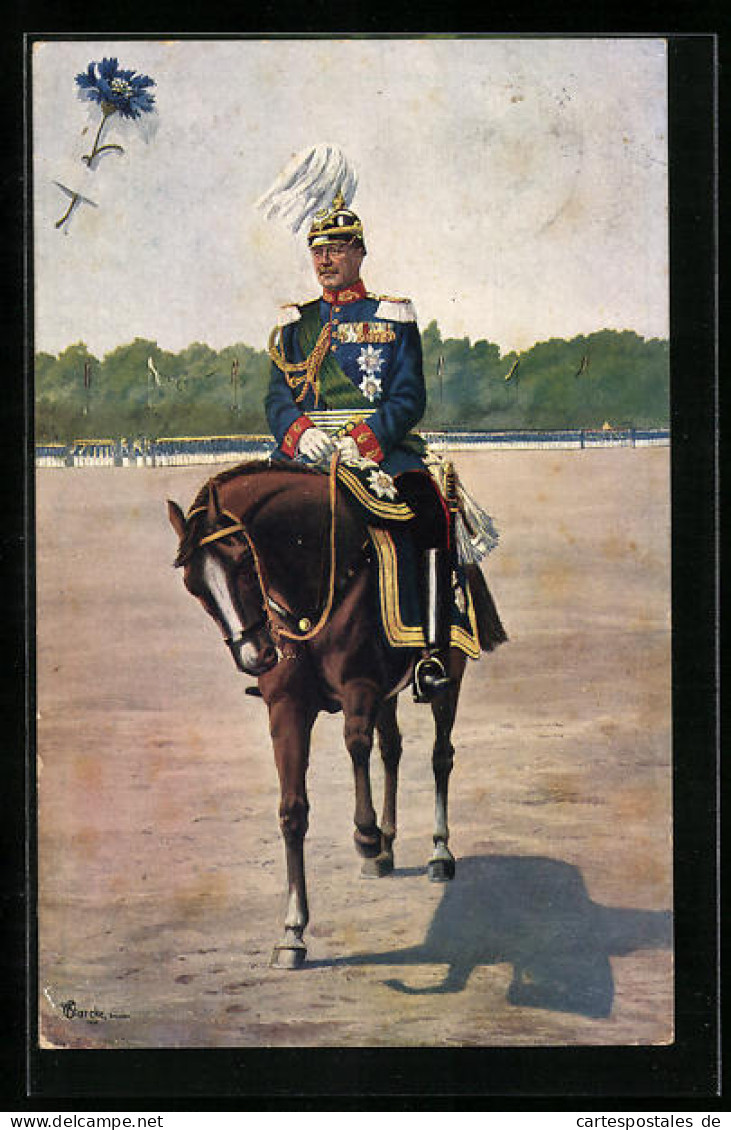 Künstler-AK Friedrich August II. Von Sachsen In Galauniform Mit Paradebusch Zu Pferd  - Königshäuser