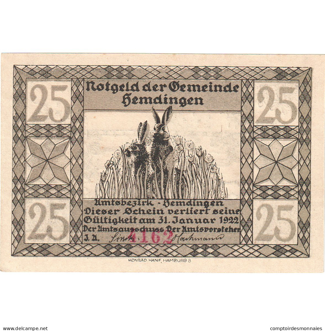 Billet, Allemagne, Hemdingen Gemeinde, 25 Pfennig, Animaux, 1922, 1922-01-31 - Other & Unclassified