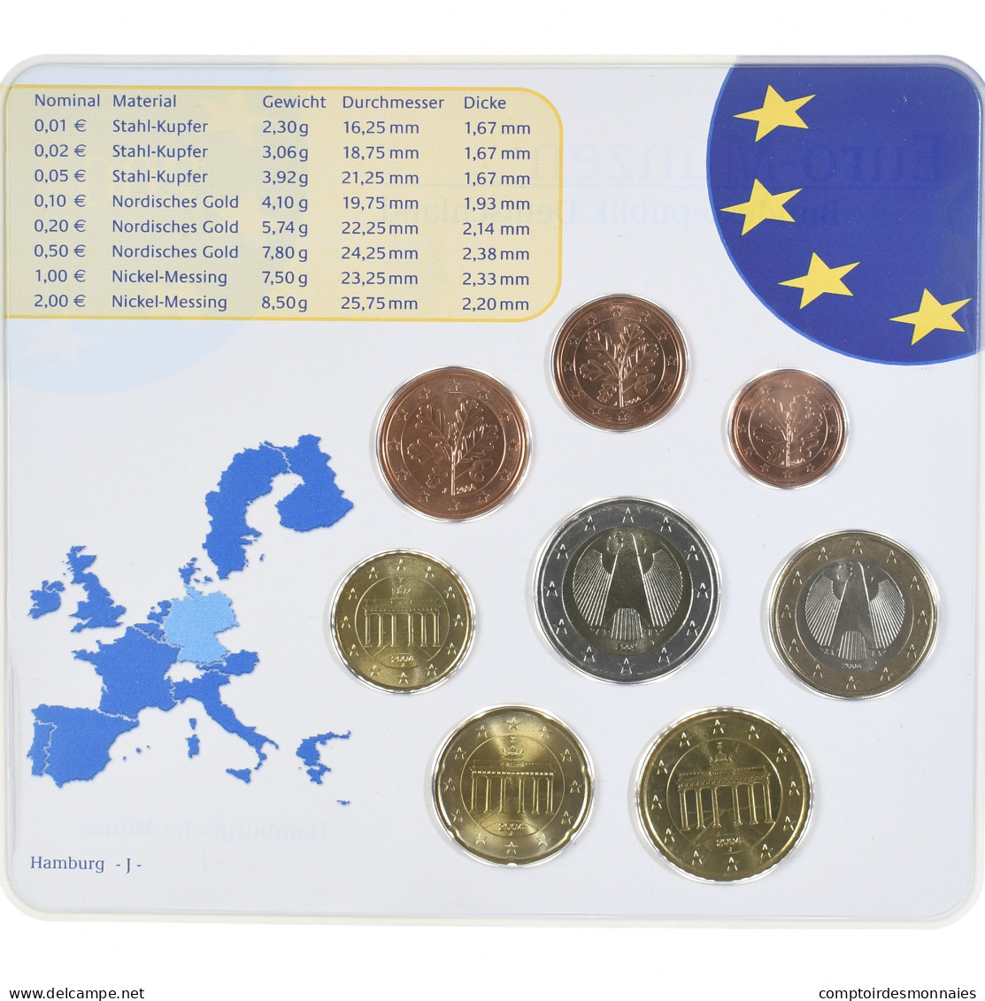 Allemagne, Coffret 1c. à 2€, 2004, Hambourg, UNC, FDC, Bimétallique - Germania