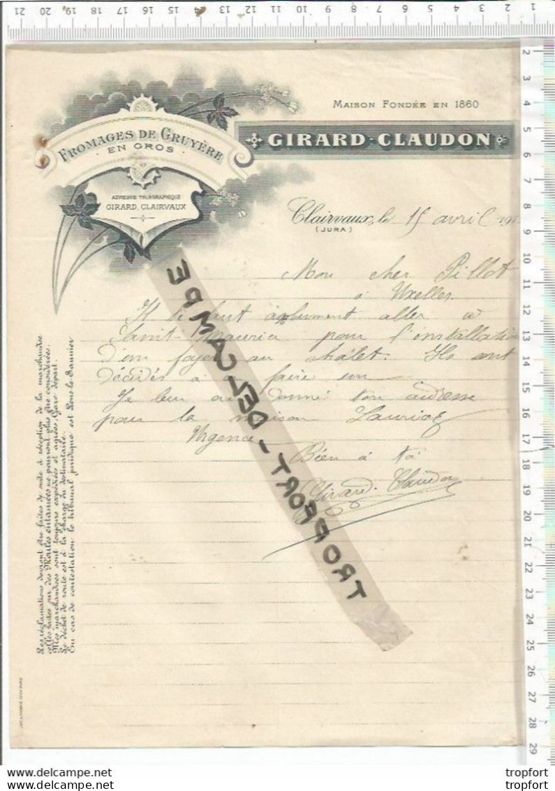FACTURE ANCIENNE 1914 GIRARD CLAUDON FROMAGERIE DE GRUYERE / CLAIRVEAUX JURA - Facturas