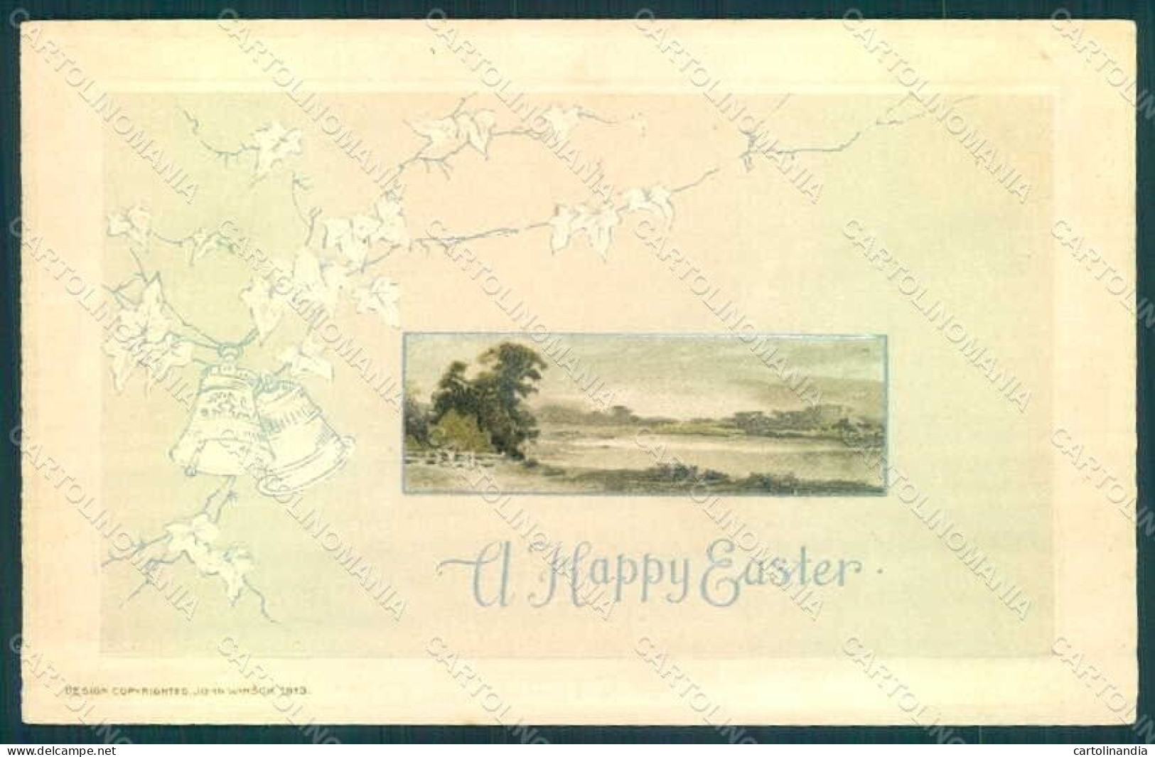 Greetings Easter Bells Landscape Relief Postcard HR0178 - Fleurs