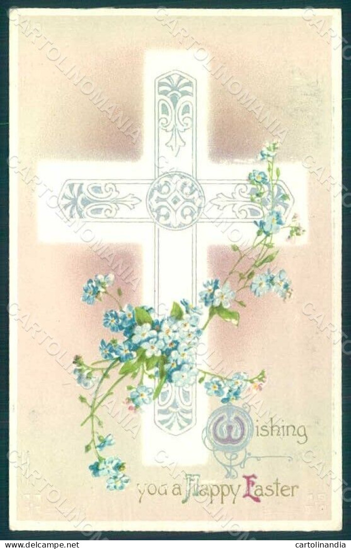 Greetings Easter Flowers Myosotis Cross Relief Postcard HR0151 - Fleurs