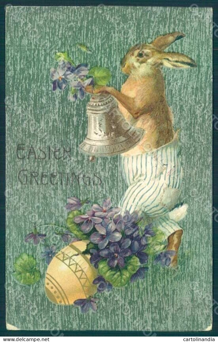 Greetings Easter Anthropomorphic Dressed Hare Violets Bell Egg Relief Pc HR0265 - Other & Unclassified