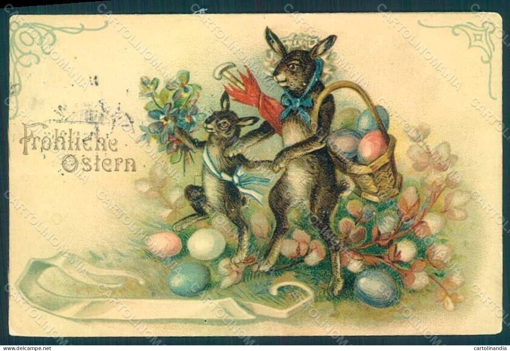 Greetings Easter Anthropomorphic Dressed Hare Egg Violets PIN HOLES Pc HR0326 - Other & Unclassified