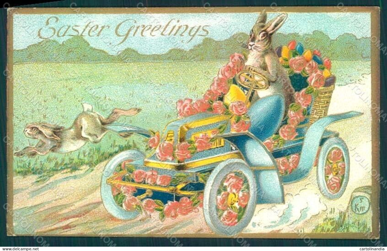 Greetings Easter Anthropomorphic Hare Egg Car Roses Serie 7049 Relief Pc HR0050 - Other & Unclassified