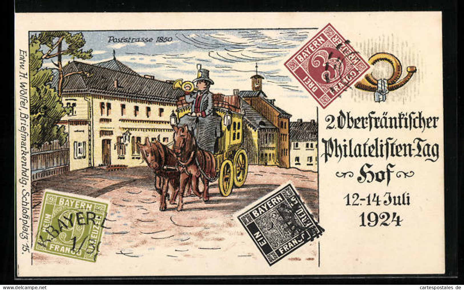 Künstler-AK Hof, Oberfränkischer Philatelisten-Tag 1924, Poststrasse Im Jahr 1850 Mit Postillon Und Postkutsche  - Sellos (representaciones)