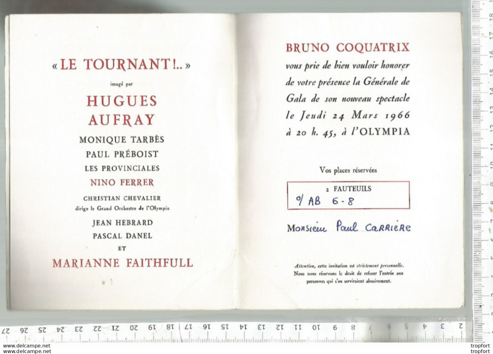 Superbe CARTON INVITATION HUGUES AUFRAY à L'OLYMPIA  1966 // PRESBOIT TARBES NINO FERRER Marianne FAITHFULL - Tarjetas De Visita