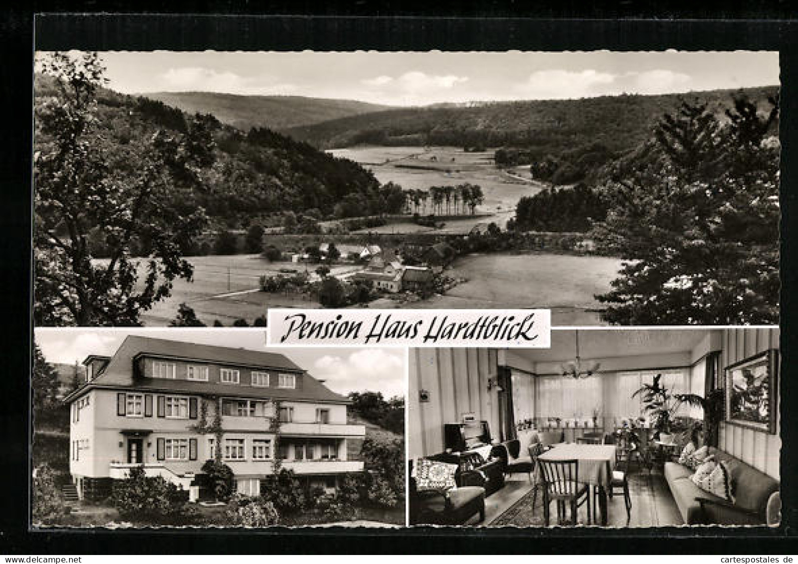 AK Weidenhausen, Kr. Biedenkopf, Pension Haus Hardtblick, Gastraum, Talpanorama  - Biedenkopf