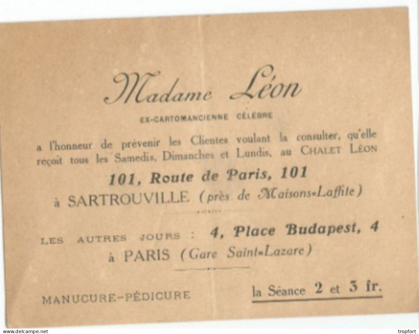 CARTE Ancienne PUBLICITAIRE  MADAME LEON EX-CARTOMANCIENNE CELEBRE // SARTROUVILLE  MANUCURE PEDICURE - Visiting Cards