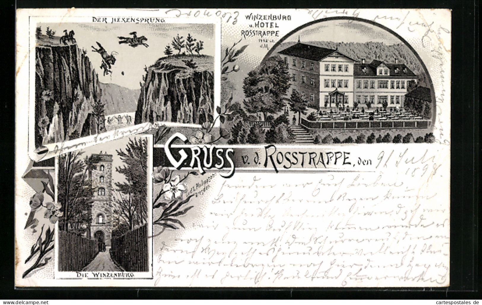 Vorläufer-Lithographie Thale, 1893, Winzenburg Und Hotel Rosstrappe, Hexensprung  - Thale