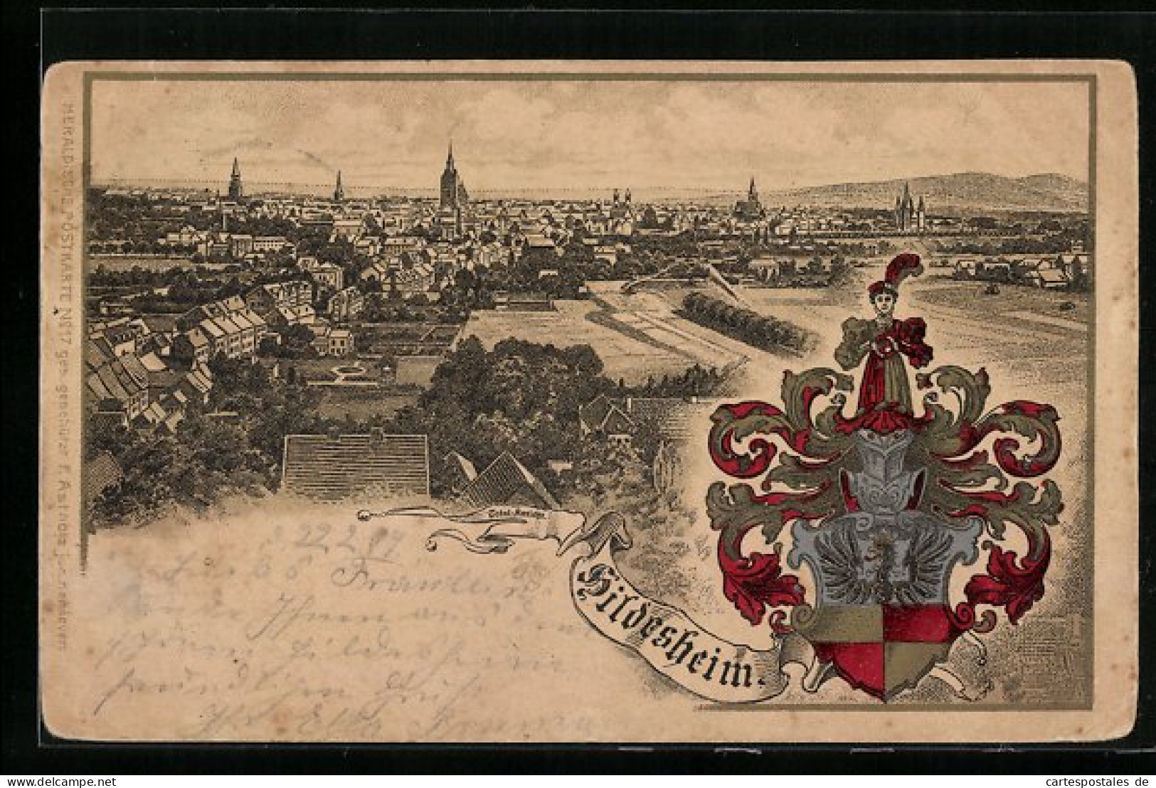 Passepartout-Lithographie Hildesheim, Panoramaansicht Und Wappen  - Hildesheim