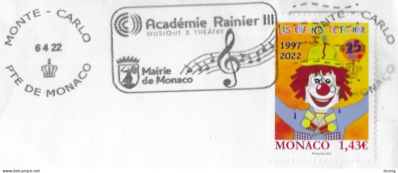 MONACO MONTE CARLO FLAMME ACADEMIE RAINIER III MUSIQUE, THEATRE 2022, TIMBRE ENFANTS DE FRANCE 2022, UN CLOWN ( CIRQUE ) - Briefe U. Dokumente