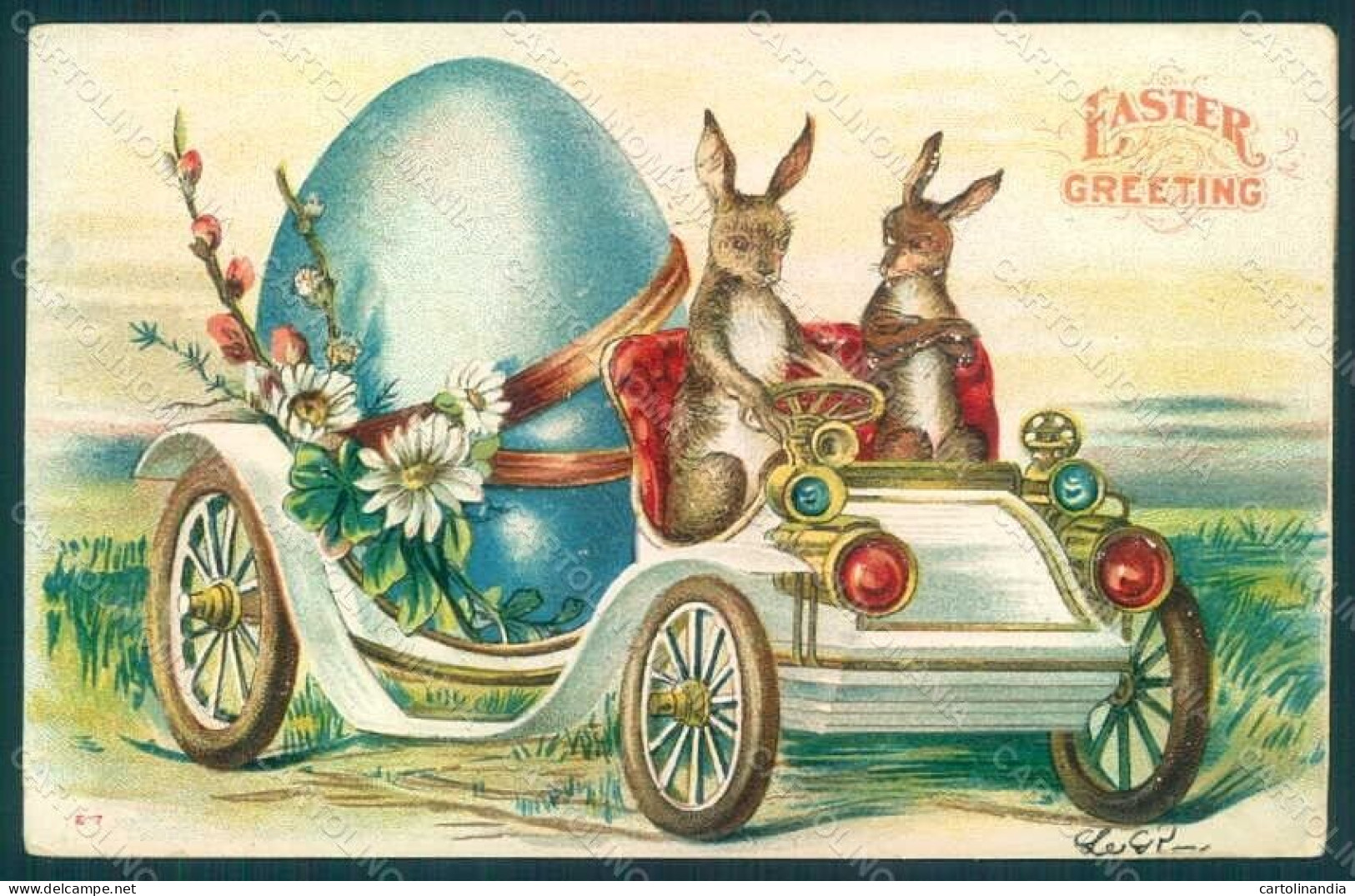 Greetings Easter Anthropomorphic Hare Car Egg Postcard HR0022 - Other & Unclassified