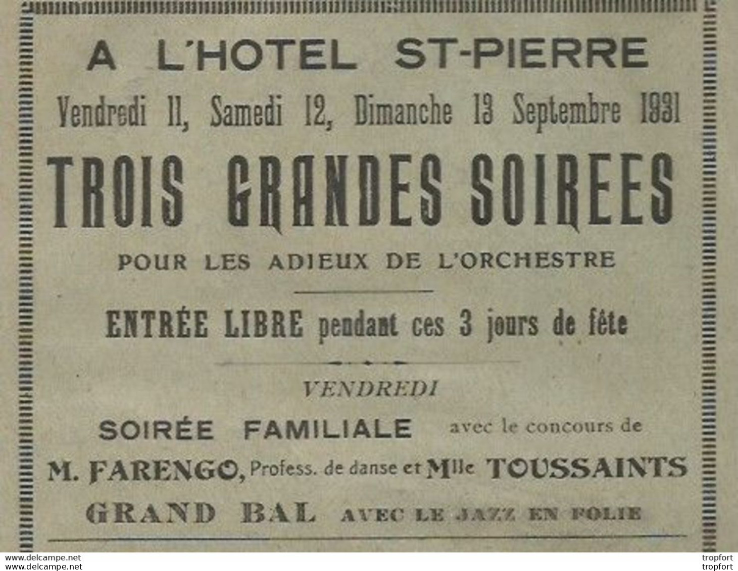 Rare Affichette Programme HOTEL ST-PIERRE 1931 / Baigneurs AULT ONIVAL Farengo Toussaints - Programmes