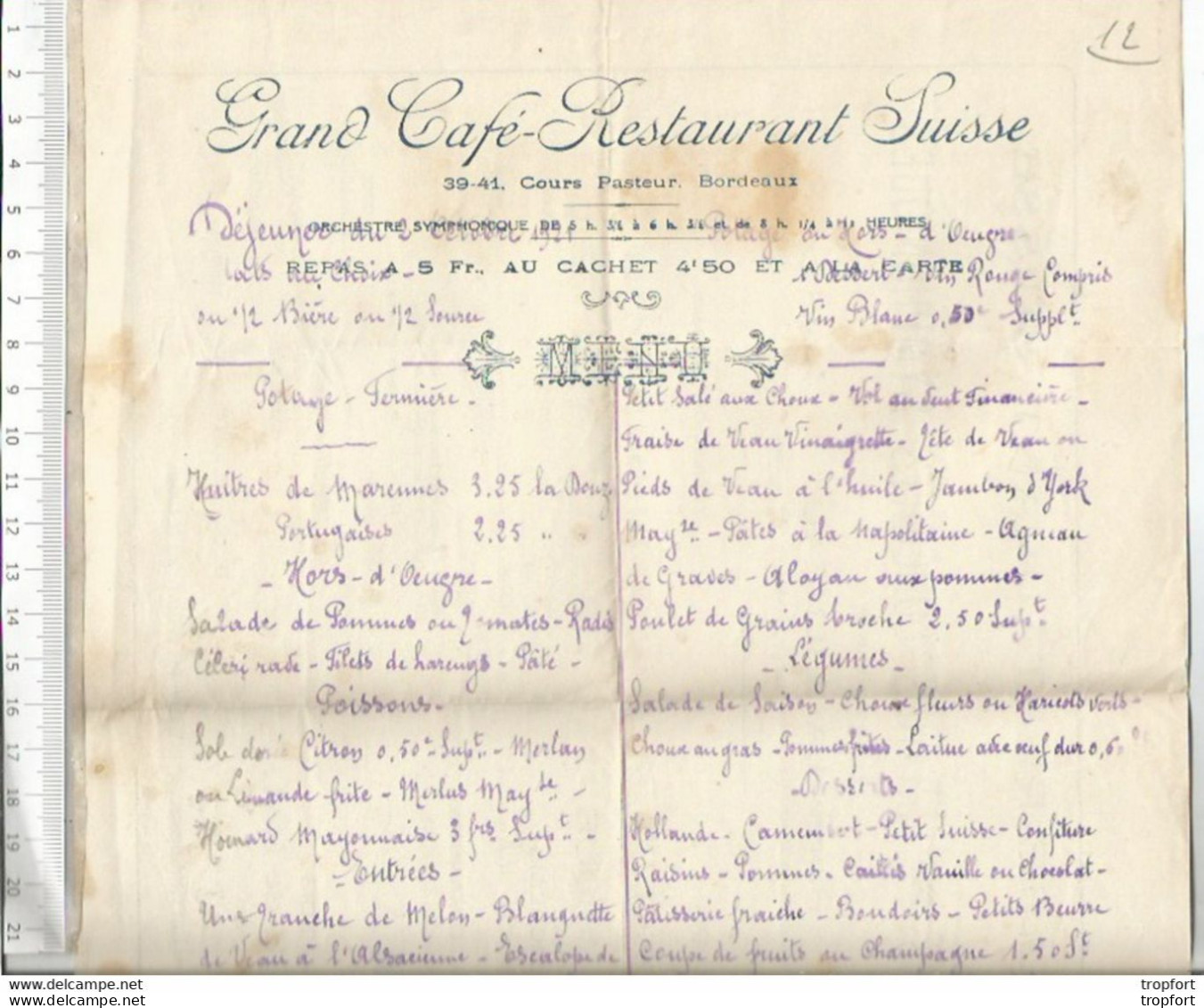 Old Program History Not Found / RARE Programme Cinema Concert Menu Restaurant Suisse BORDEAUX - Programme