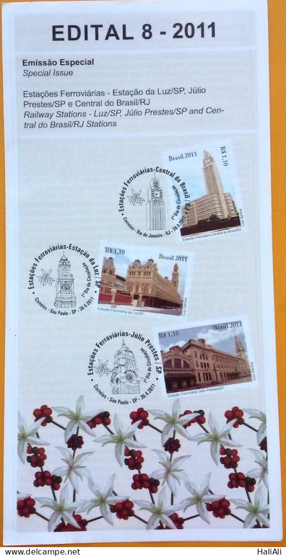 Brochure Brazil Edital 2011 08 Railway Stations Train Without Stamp - Lettres & Documents