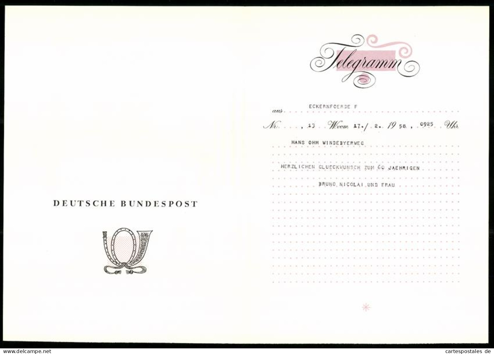 Telegramm Deutsche Bundespost, 1958, Paar Auf Sofa Sitzend Wird Von Privat-Orchester Unterhalten  - Ohne Zuordnung
