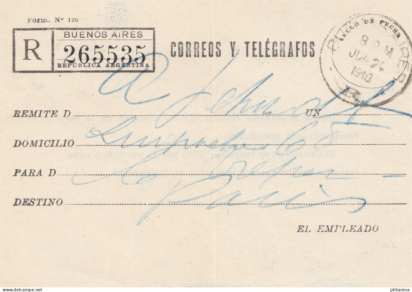 Argentinien: 1940: Einschreiben Correos Y Telegrafos - Otros & Sin Clasificación