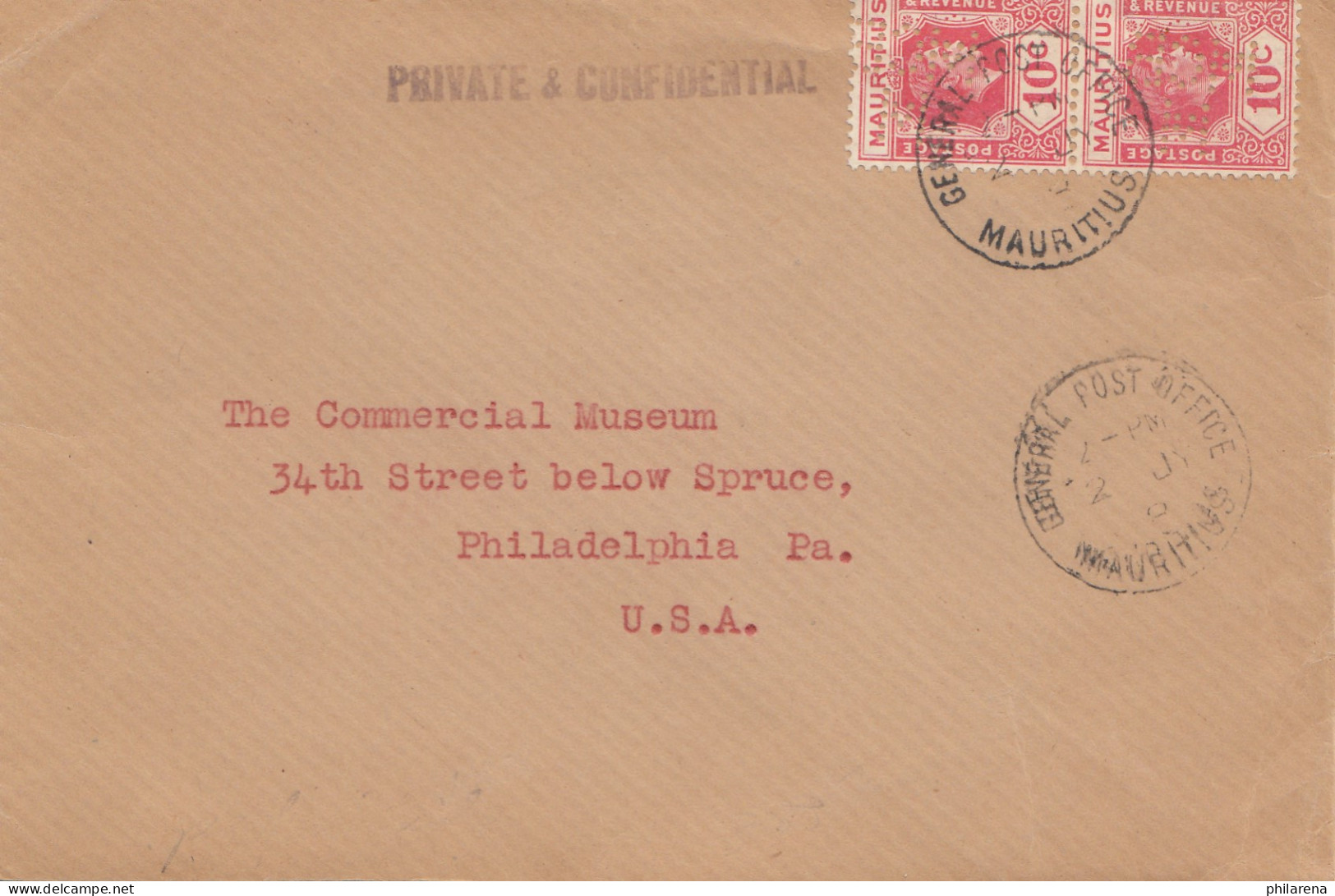 Mauritius: 1908: Port Louis To Philadelphia, Privat & Confidential, Perfin - Mauricio (1968-...)