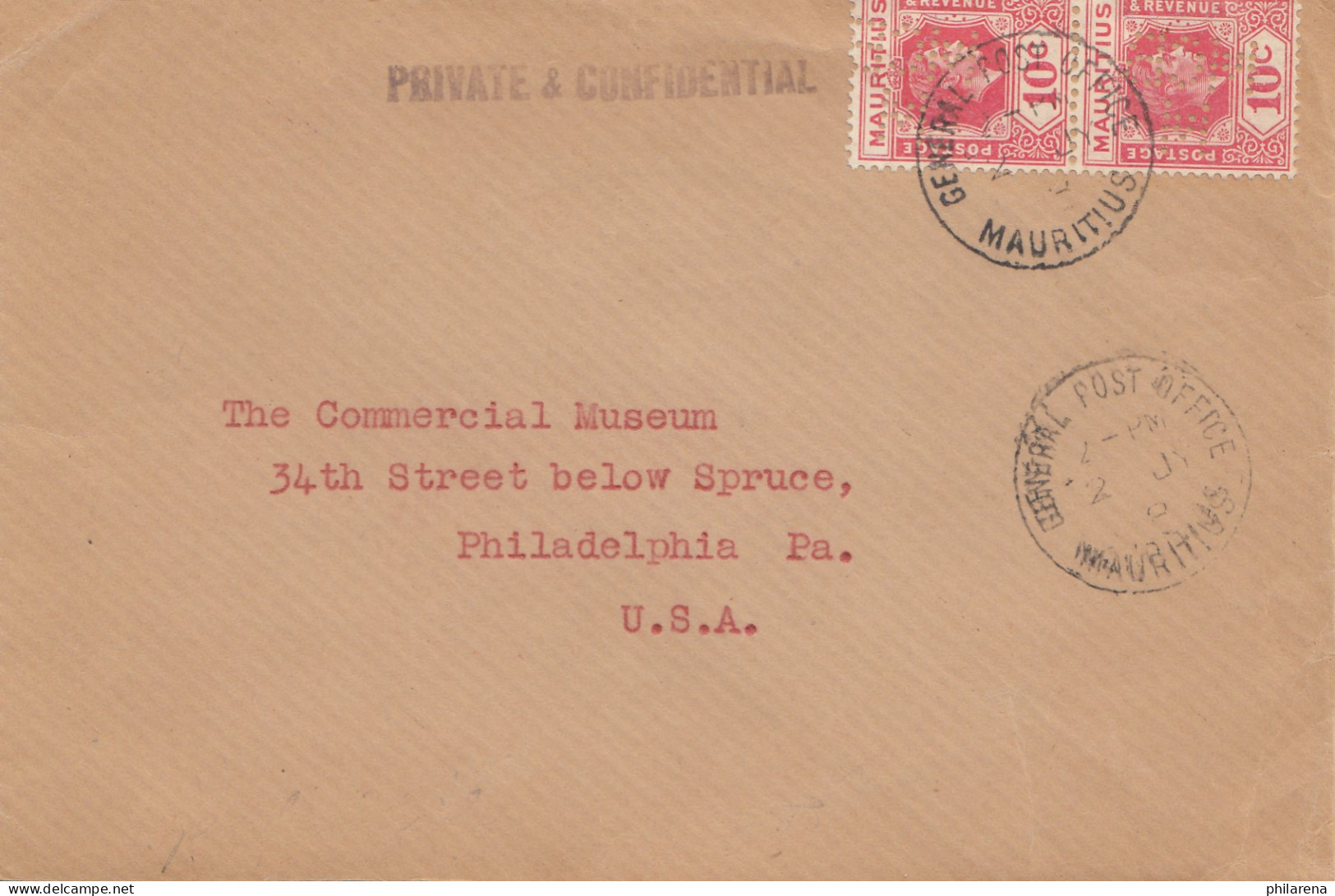 Mauritius: 1908: Port Louis To Philadelphia, Privat & Confidential, Perfin - Mauritius (1968-...)