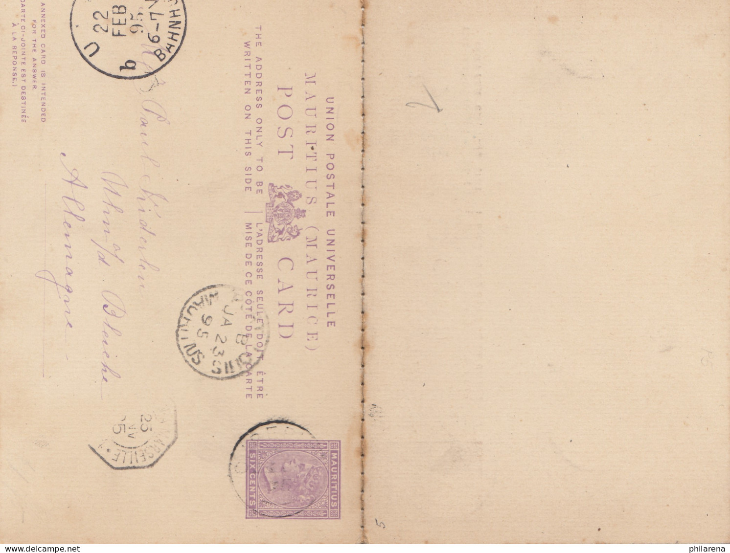 Mauritius: 1895: Post Card To Ulm/Germany - Mauricio (1968-...)