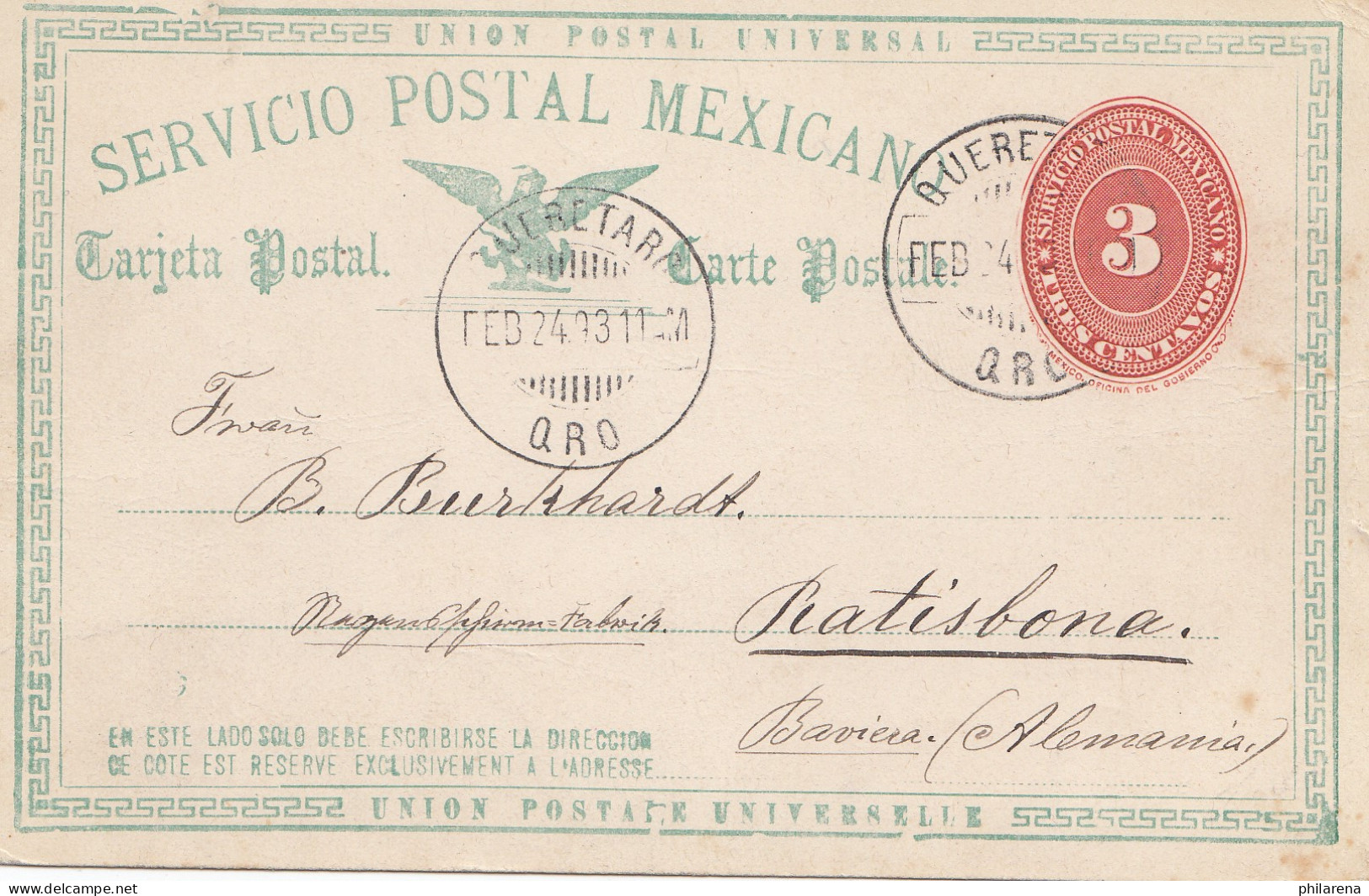 Mexico 1893: Post Card Querez To Ratisbona/Regensburg - Mexico