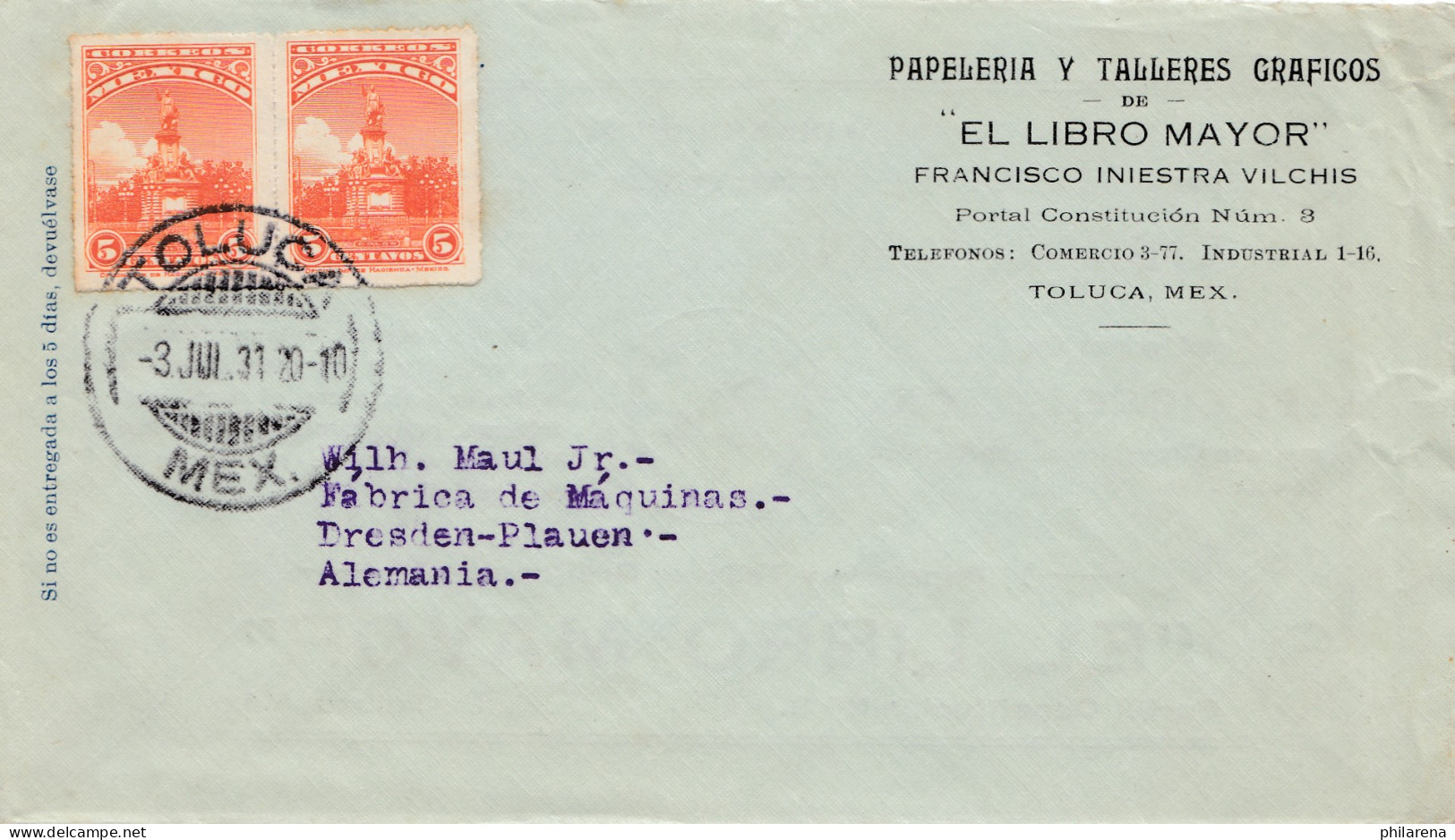 Mexico 1931: Letter Toluca To Dresden/Plauen, Publicity, El Libro Mayor - Mexiko