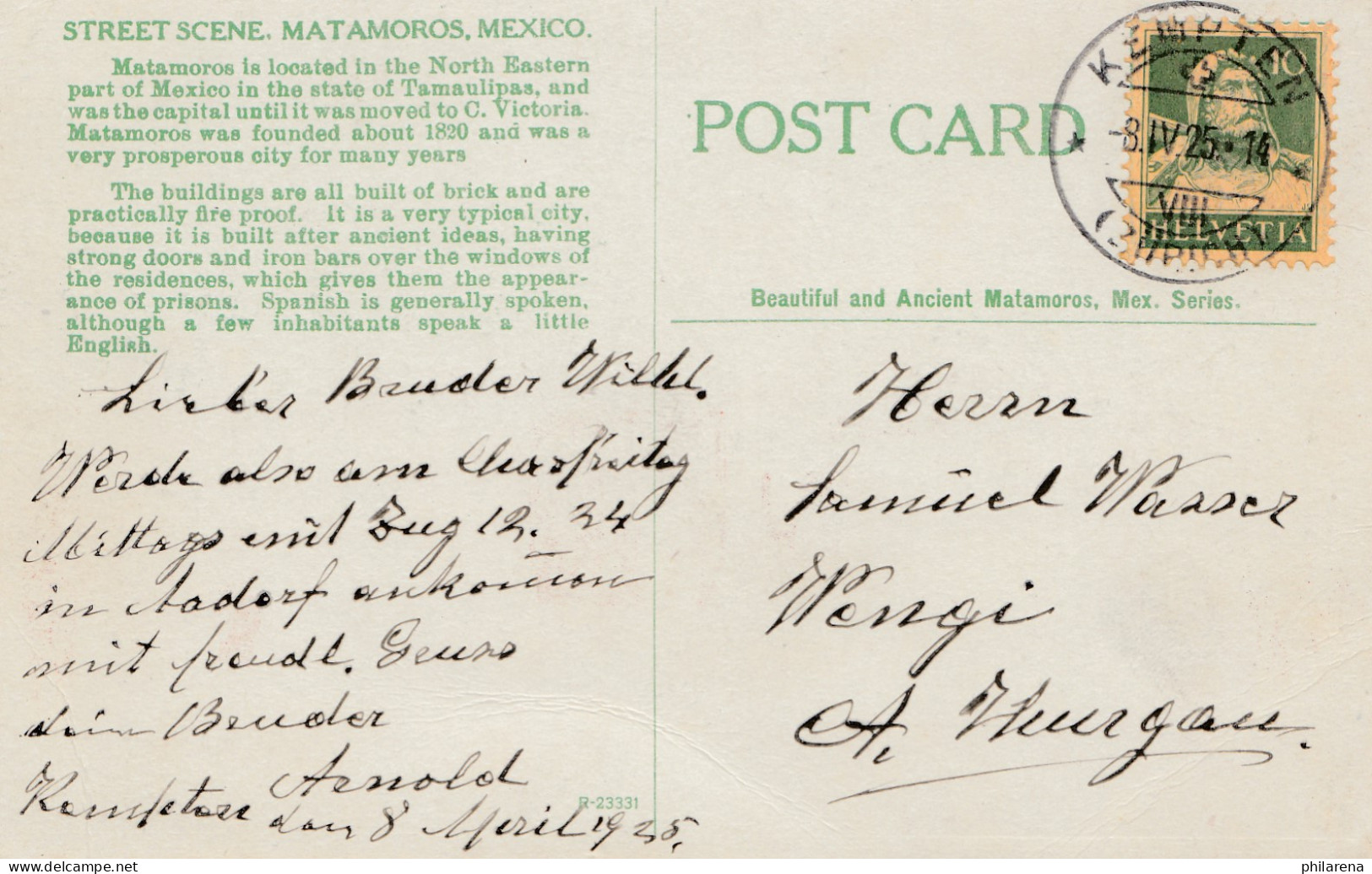 Mexico 1925: Post Card Matamoros Used In Switzerland - Mexico