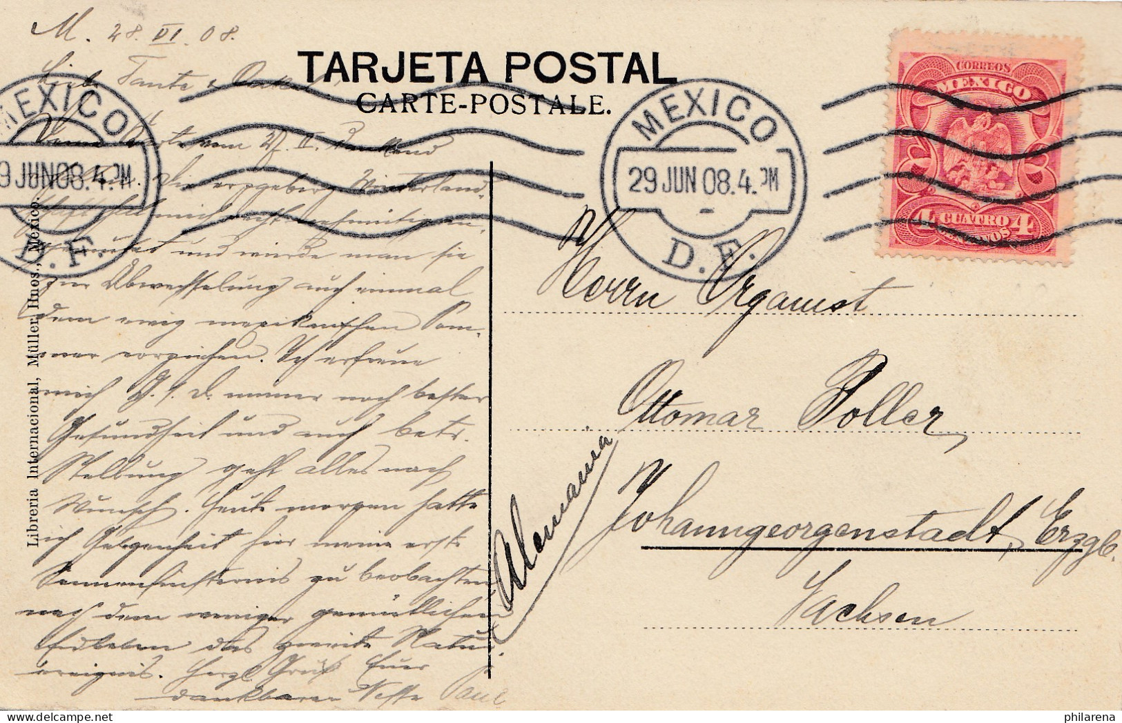 Mexico 1908: Post Card Mexico City Avenida Juarez To Johanngeorgenstadt - Mexico