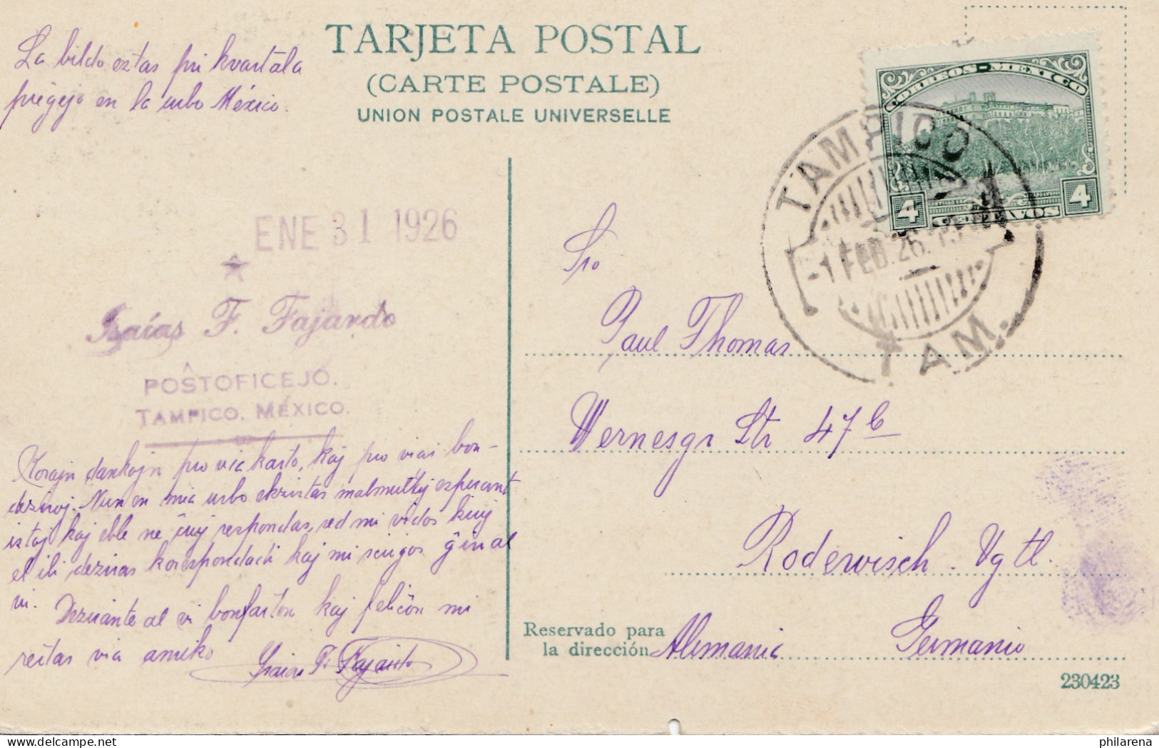 Mexico 1926: Post Card Tampido To Rodewisch/Germany - Mexiko