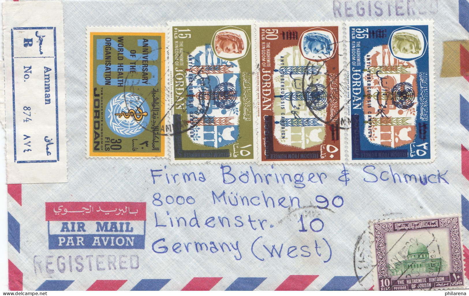 Jordan:  Registered Air Mail From Amman To München, Jewlery 1969 - Jordania