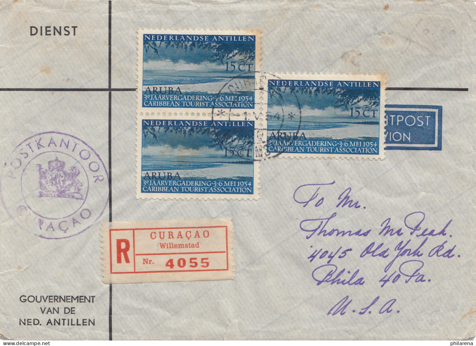 Ned. Antillen 1954: Registered Gouvernment Curacao To Philadelphia/USA - Curaçao, Antilles Neérlandaises, Aruba