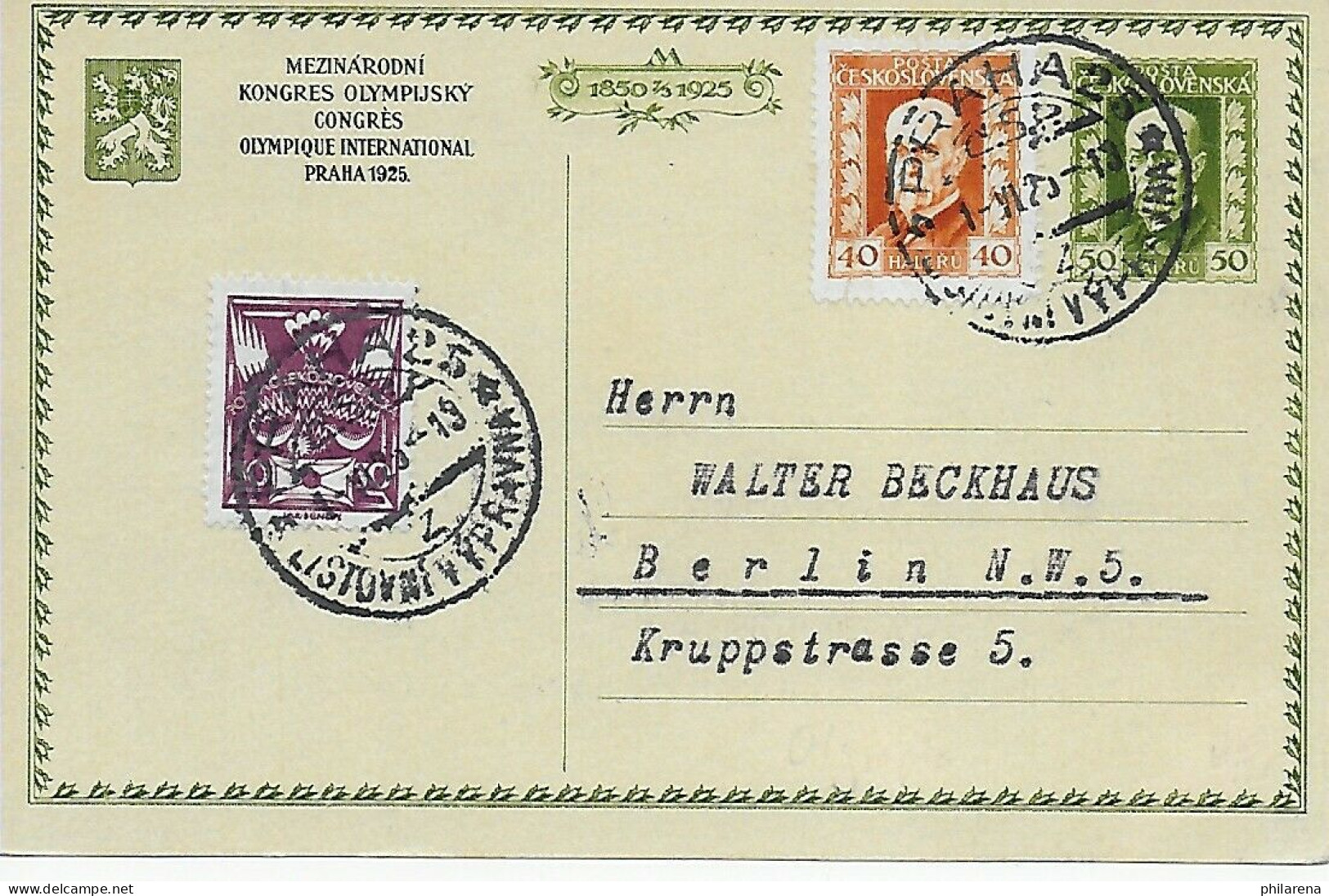 Prag 1925: Olympischer Kongress Auf Karte Nach Berlin - Other & Unclassified