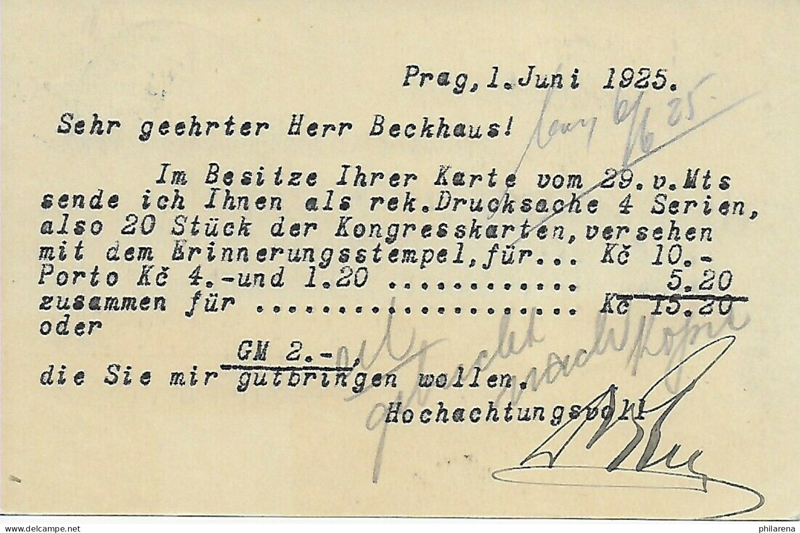 Prag 1925: Olympischer Kongress Auf Karte Nach Berlin - Altri & Non Classificati