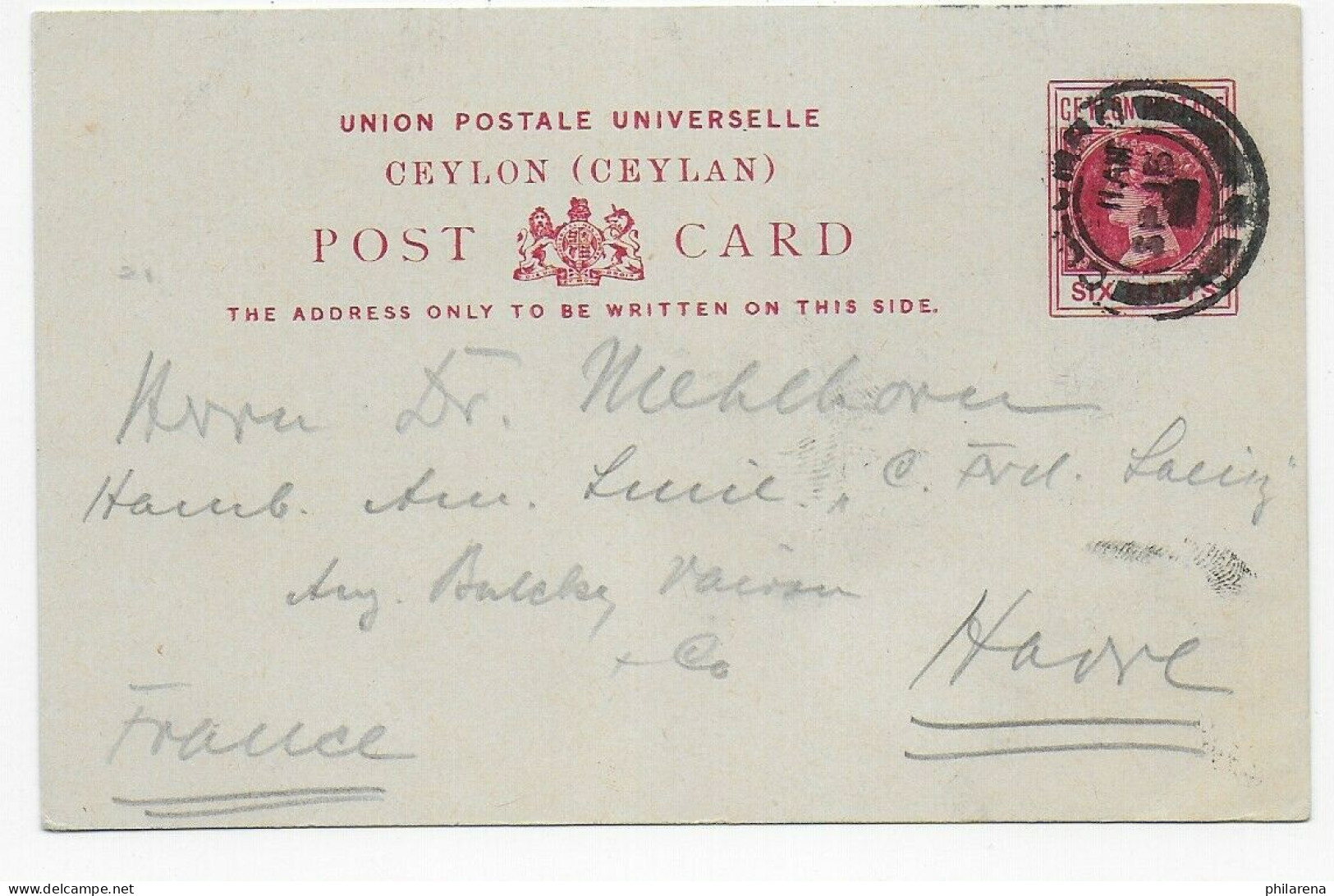 Post Card 1902 To France, Le Havre - Sri Lanka (Ceilán) (1948-...)