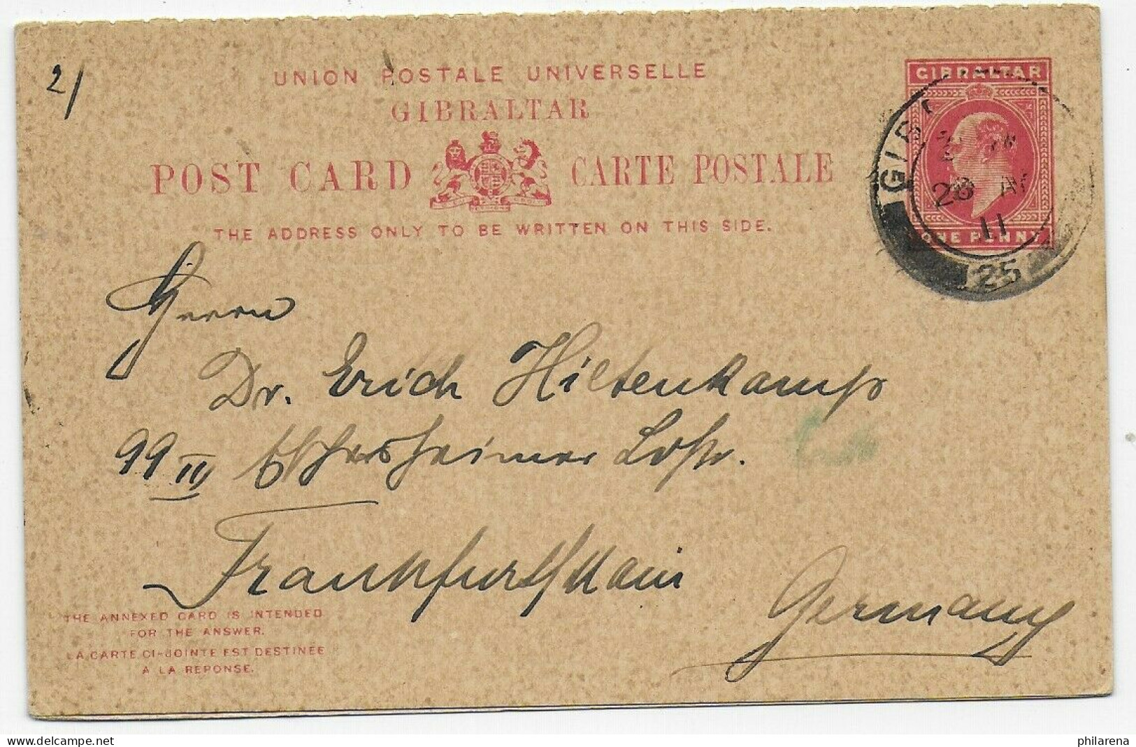 Post Card Gibraltar To Frankfurt/Germany, With Reply Card, 1911 - Gibilterra