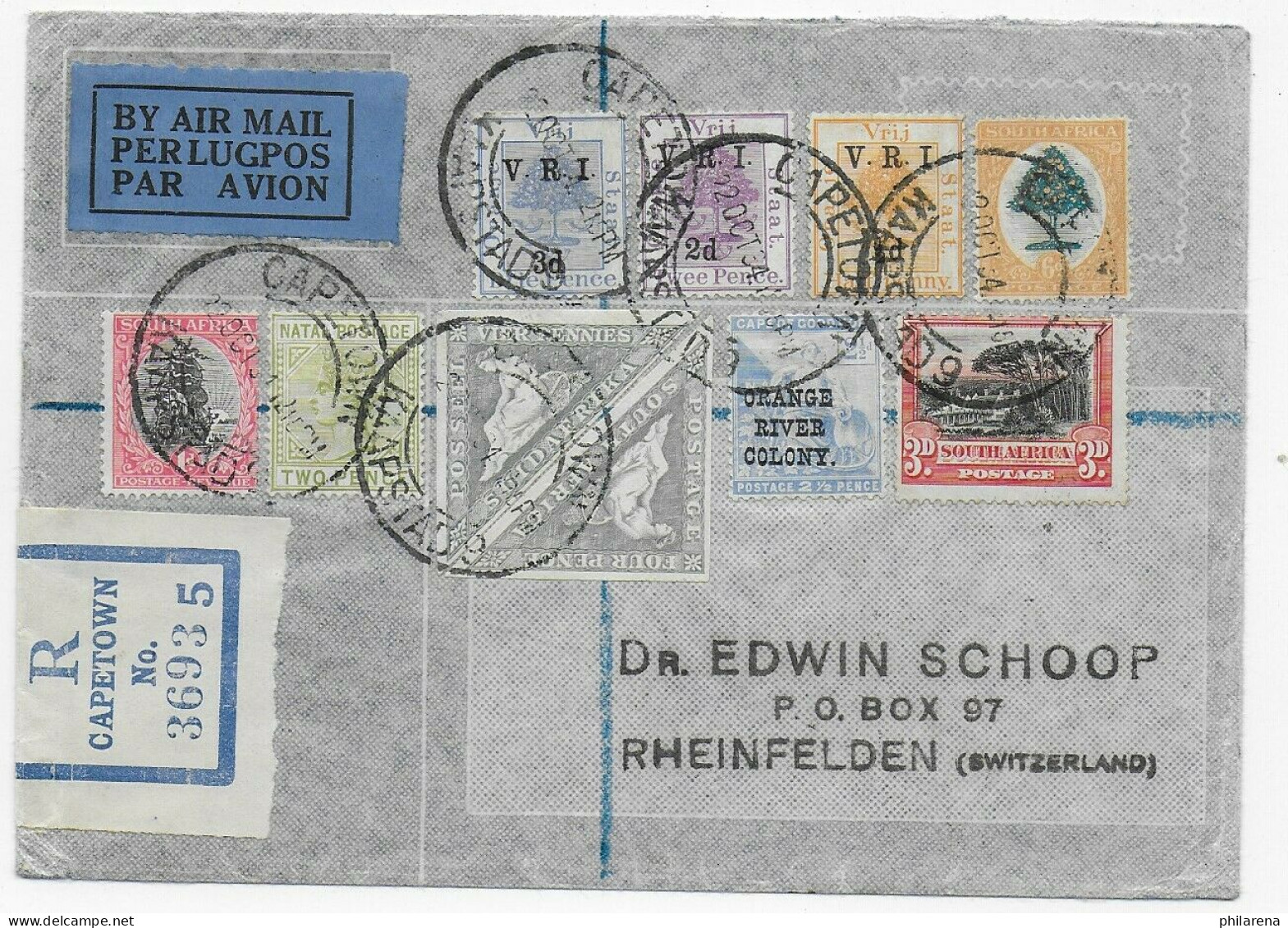 Air Mail Registered Capetown To Rheinfelden, 1934 - Altri & Non Classificati