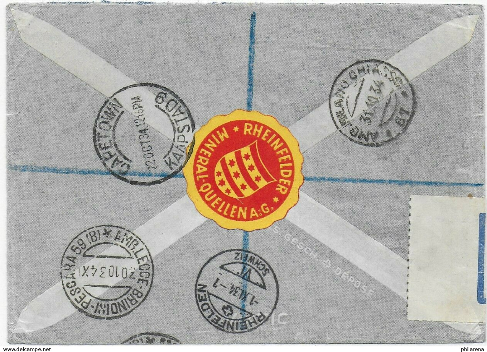 Air Mail Registered Capetown To Rheinfelden, 1934 - Autres & Non Classés