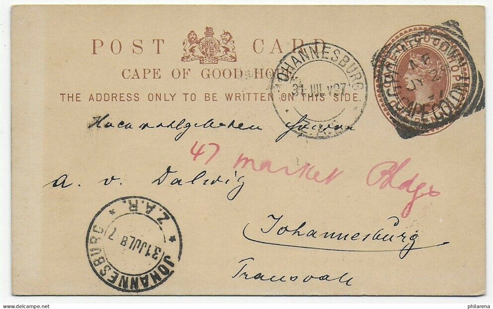 Post Card Cape Of Good Hope To Johannesburg 1897 - Sonstige & Ohne Zuordnung