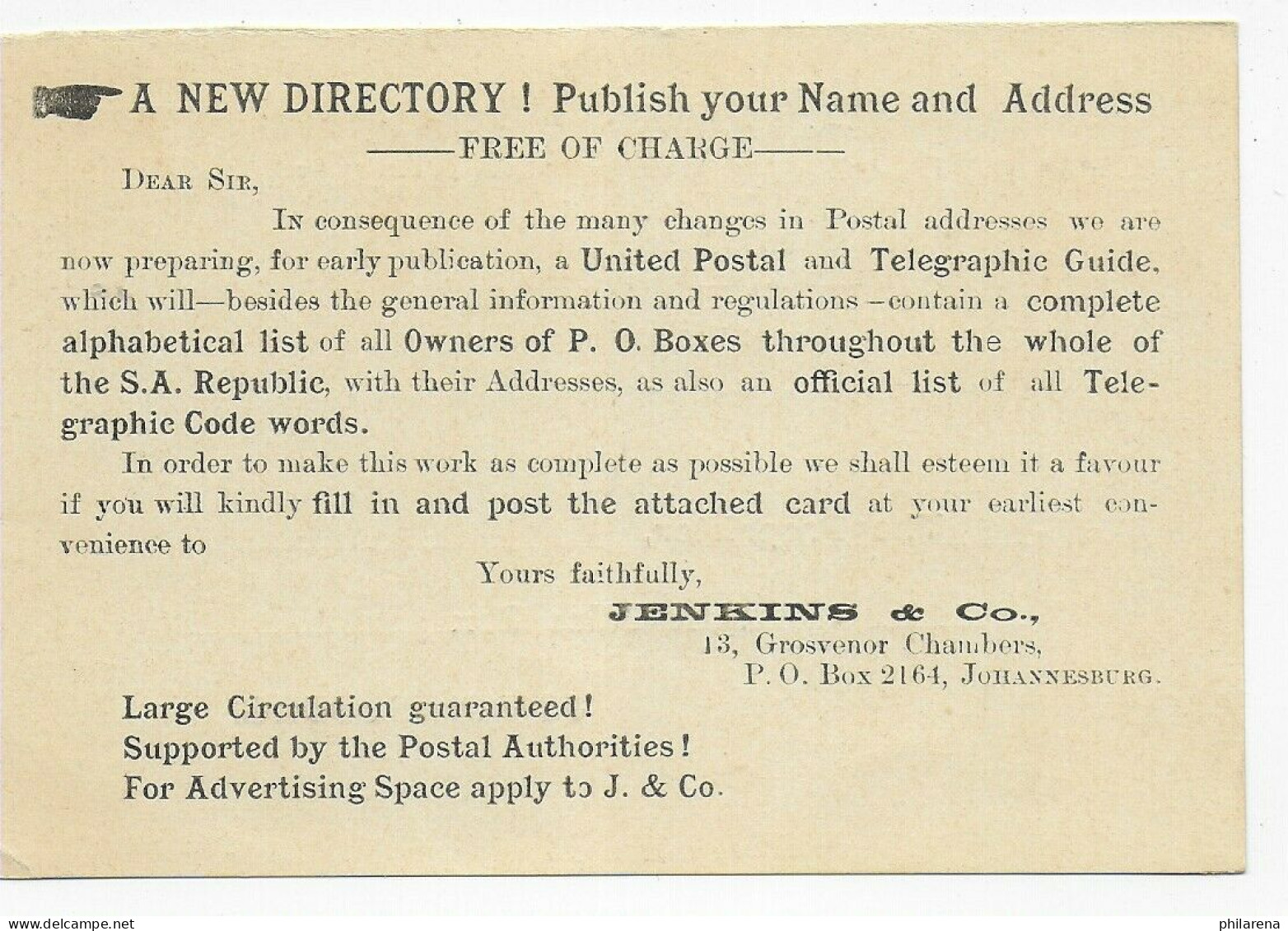Post Card Johannesburg, Publicity Card, 1898 - Altri & Non Classificati