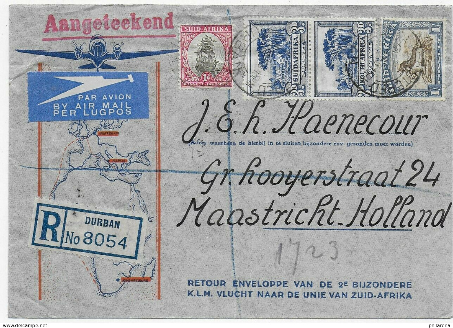 Registered Durban Via Air Mail To Maastricht 1940 - Sonstige & Ohne Zuordnung