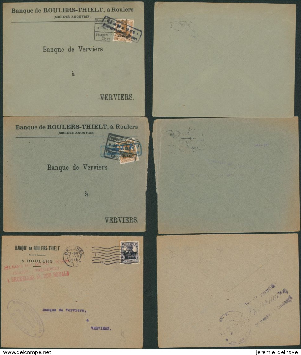 Guerre 14-18 - Lot De 3L. "Banque De Roulers-Thielt à Roulers" + Gepruft Annulant Le Timbres (nuances !) > Verviers - OC1/25 Governo Generale