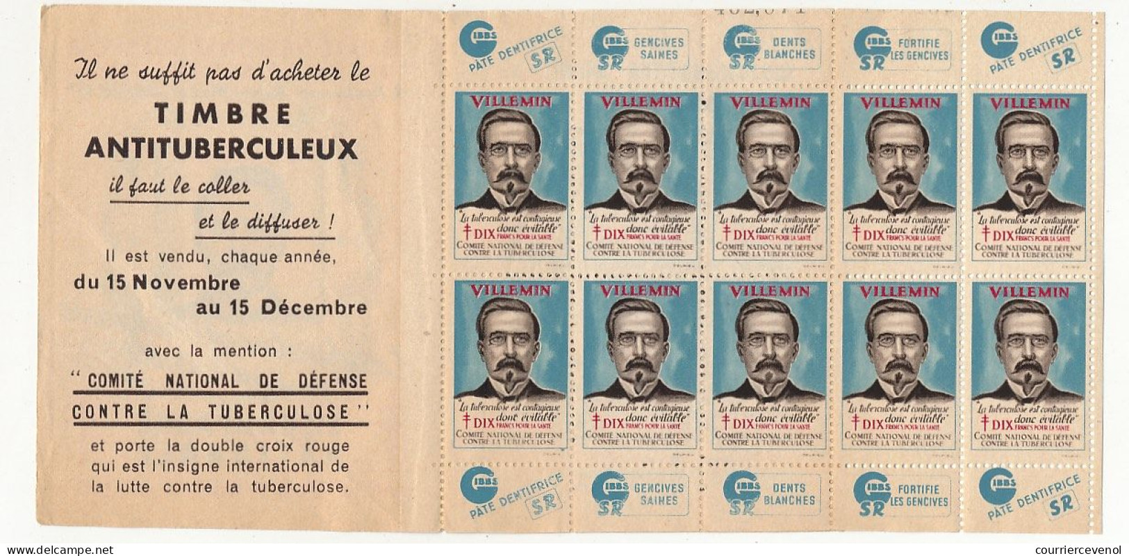 FRANCE - Carnet De 10 Vignettes Antituberculeuses - VILLEMIN - Tegen Tuberculose