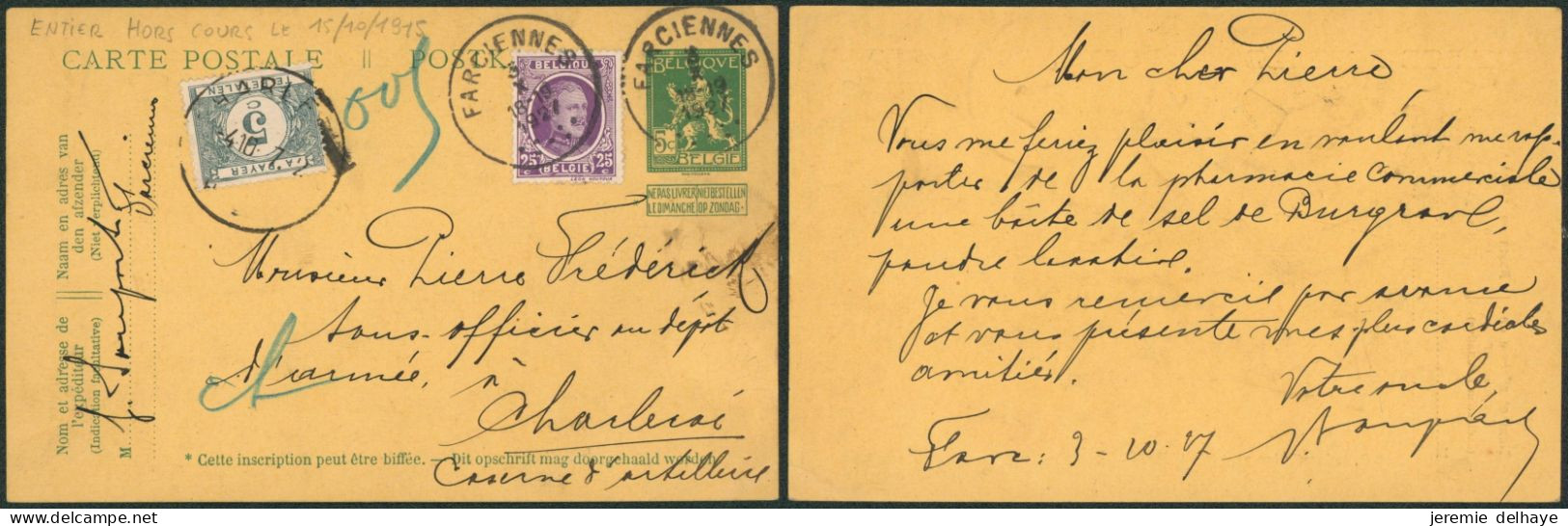 EP Au Type 5ctm Vert Pellens + N°198 Expédié De Farciennes (1927) > Charleroi / Hors Cours Dépuis Le 15/10/15 + Taxe à 5 - Cartes Postales 1909-1934