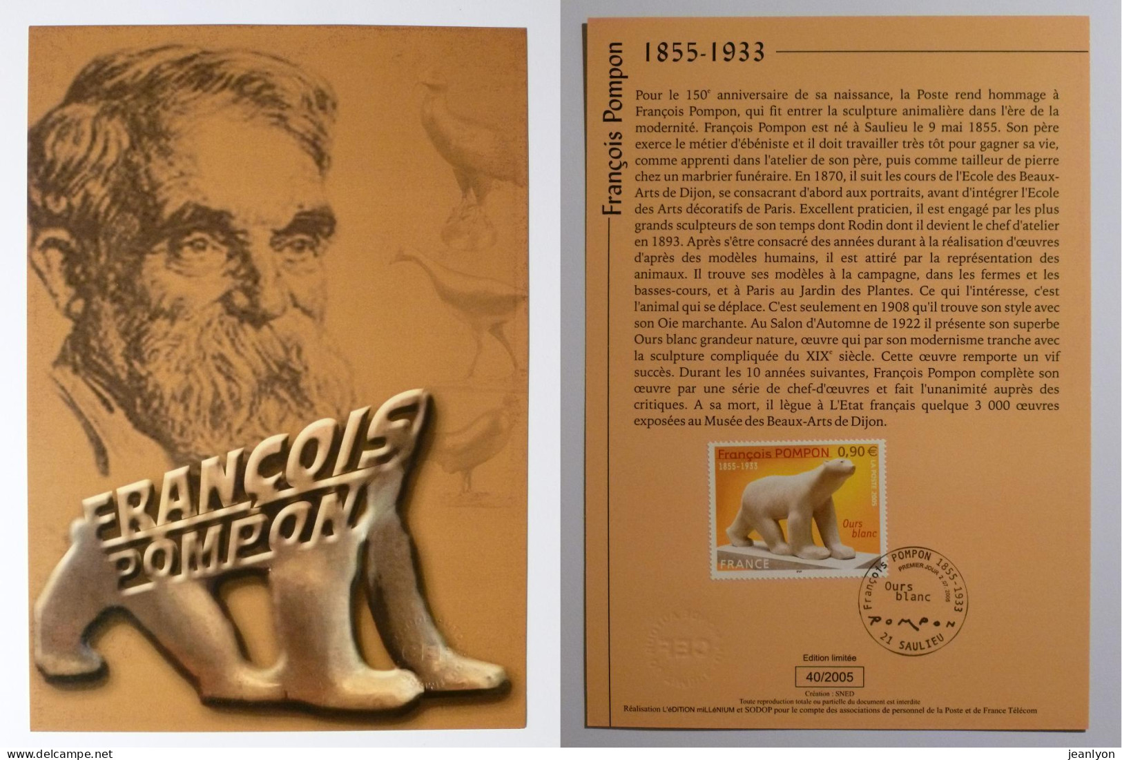 OURS BLANC - Sculpture Animalière FRANCOIS POMPON - Document Philatélique Avec Timbre Et Cachet 1er Jour Saulieu - Orsi