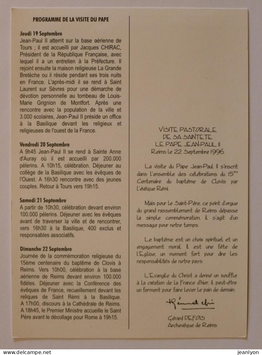 RELIGION / PAPE JEAN PAUL II - Visite Pastorale De Sa Sainteté à Reims -Document édité à L'occasion De Cette Visite 1996 - Historische Documenten