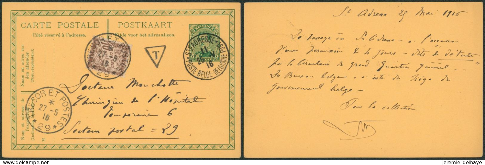 EP Au Type 5ctm Vert Albert I Expédié De Ste-Adresse (1916) > Secteur Postal N°29 + Taxé à 10ctm Par Trésor Et Postes 29 - Belgische Armee