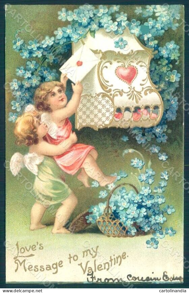 Greetings Angel Putto Art Nouveau Mail Myosotis Relief Postcard HR0496 - Autres & Non Classés