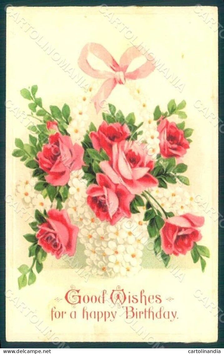 Greetings Birthday Flowers Roses Serie 7097 Relief Postcard HR0156 - Fleurs