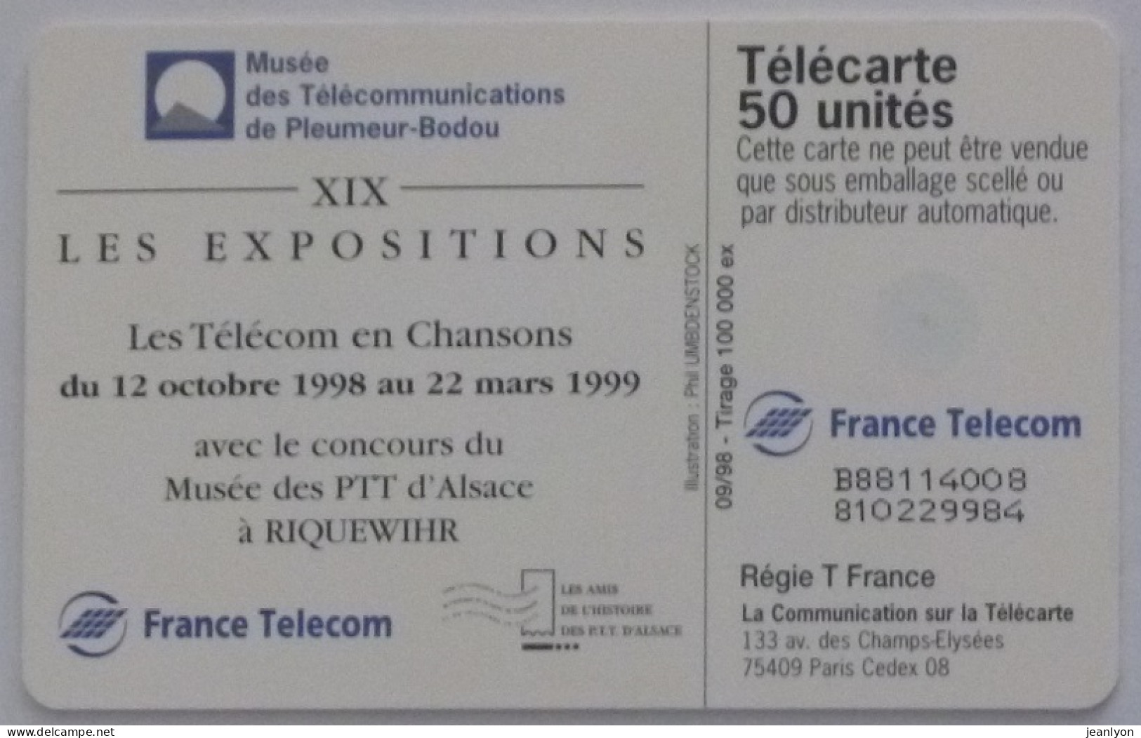 MUSIQUE - Partition - Disque Vinyl / TELECOM EN CHANSONS / Musée Pleumeur Bodou - XIX - Télécarte 50 - Musica